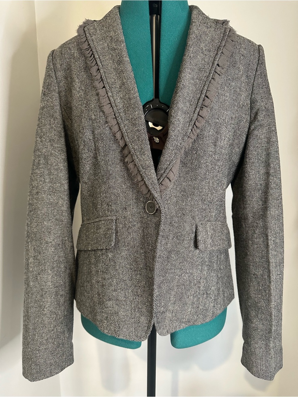 Banana Republic Gray Herringbone Frayed-Trim Blazer